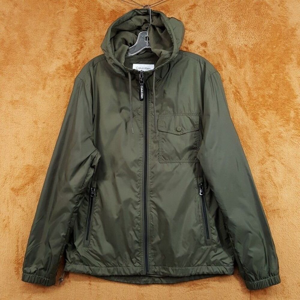 CALVIN KLEIN Jacket Mens Medium Green Polar Fleece Lined Hooded Windbreaker $150